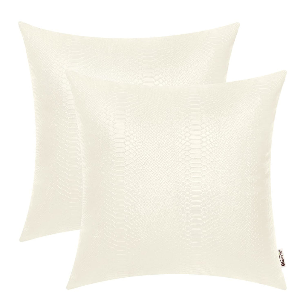 BRAWARM Ivory White Leather Throw Pillows 18 X 18 Inches, Snake Leather Pillow Covers Pack of 2, Faux Leather Decorative Pillow 
