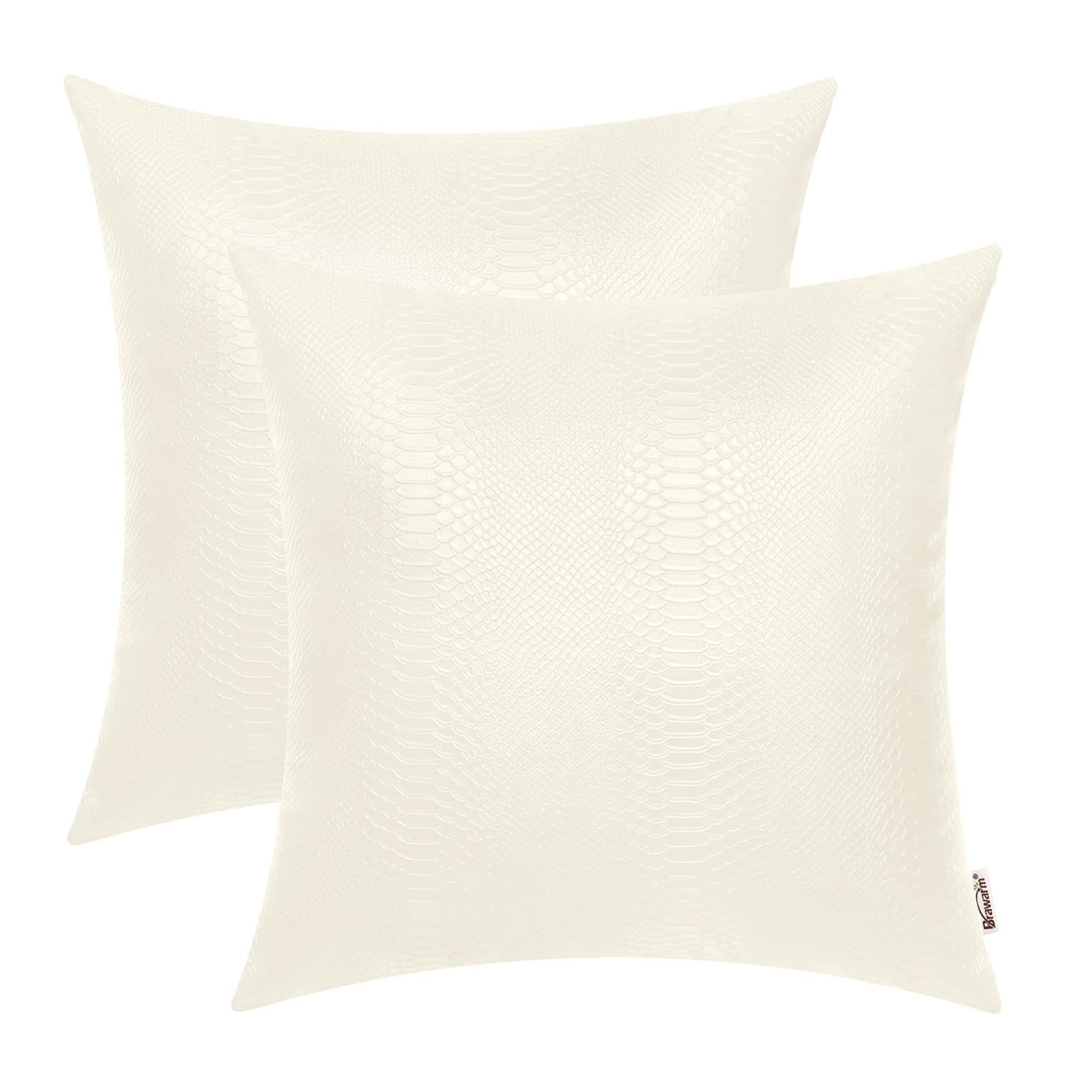 BRAWARM Ivory White Leather Throw Pillows 18 X 18 Inches, Snake Leather Pillow Covers Pack of 2, Faux Leather Decorative Pillow 