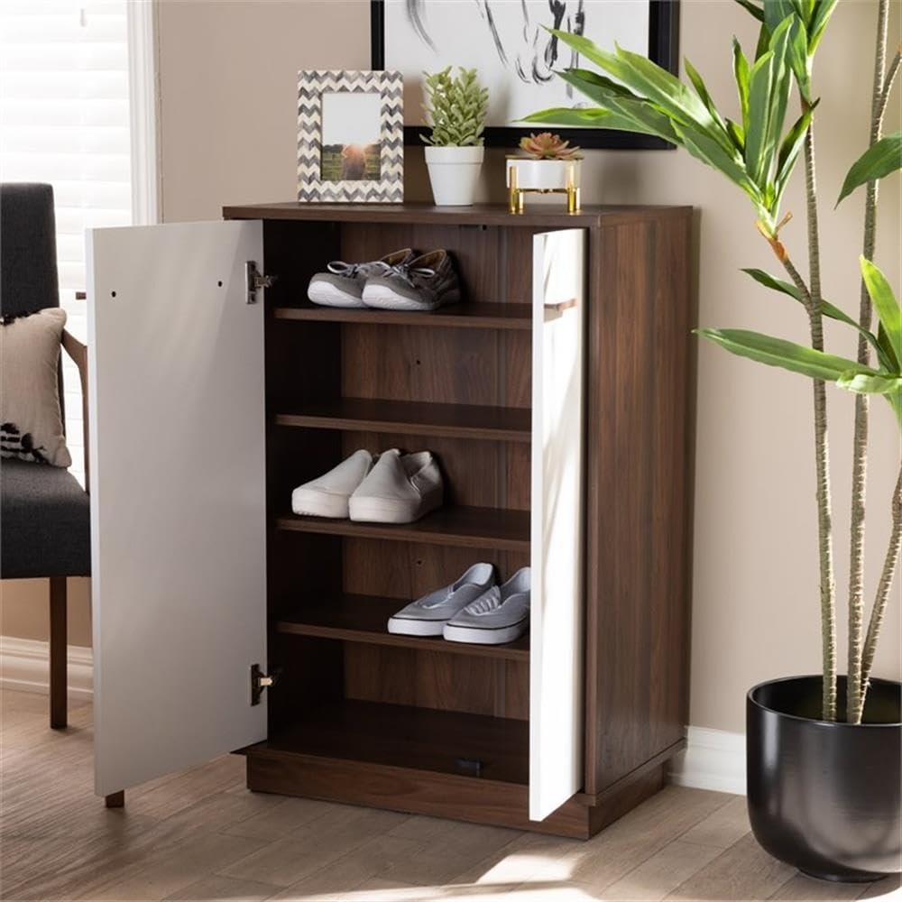 Baxton Studio Mette Mid-Century Modern Two-Tone White and Walnut Finished 5-Shelf Wood Entryway Shoe Cabinet