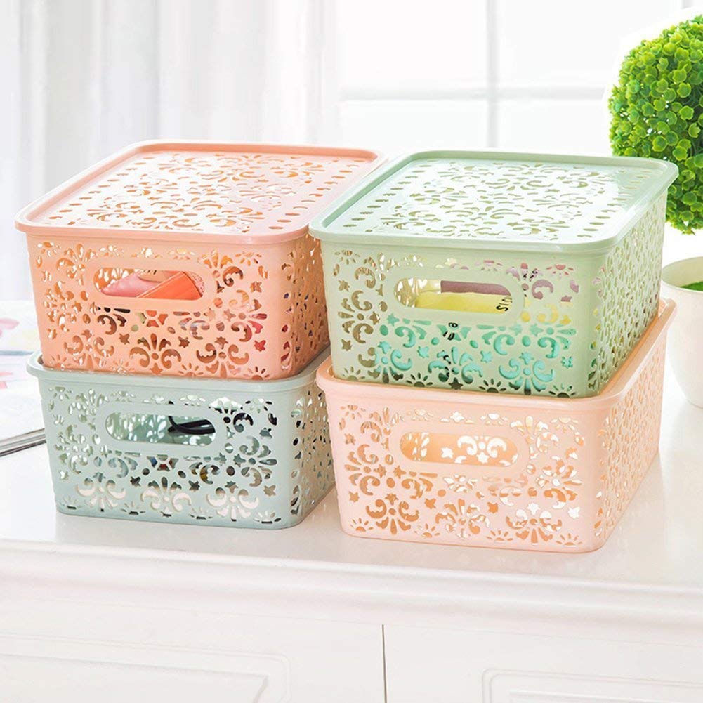 Lariox Plastic Hollow Storage Tapered Box with Lid, Cloths Organizer Bin Basket for Kitchen, Bedroom or Bathroom (Pack of 1)