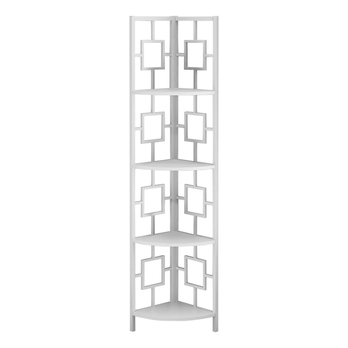 Monarch Specialties I 3613 Bookshelf, Bookcase, Etagere, Corner, 4 Tier, 62 Inch  H, Office, Bedroom, Metal, Laminate, White, Contemp