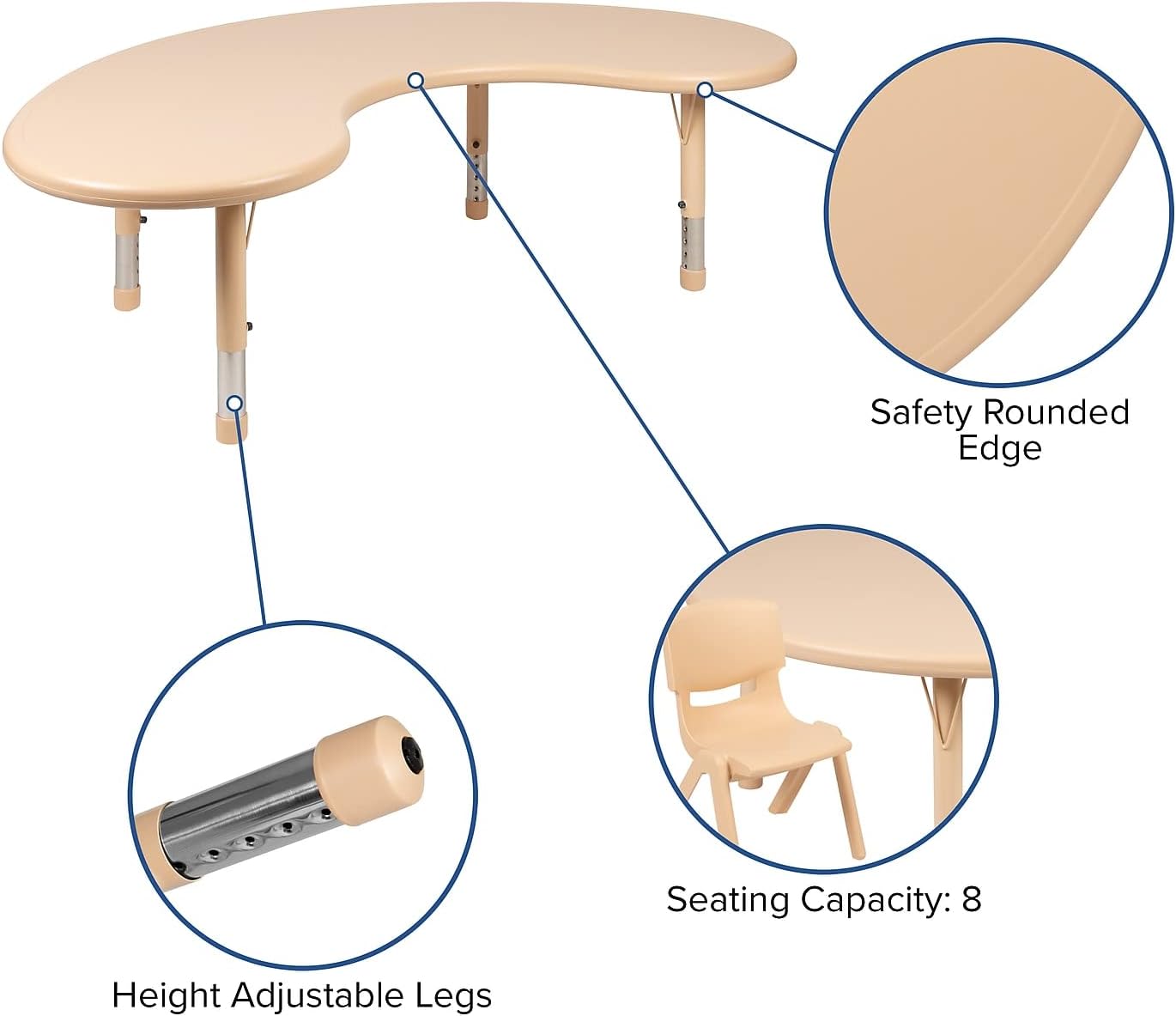 35W x 65L Half-Moon Natural Plastic Height Adjustable Activity Table