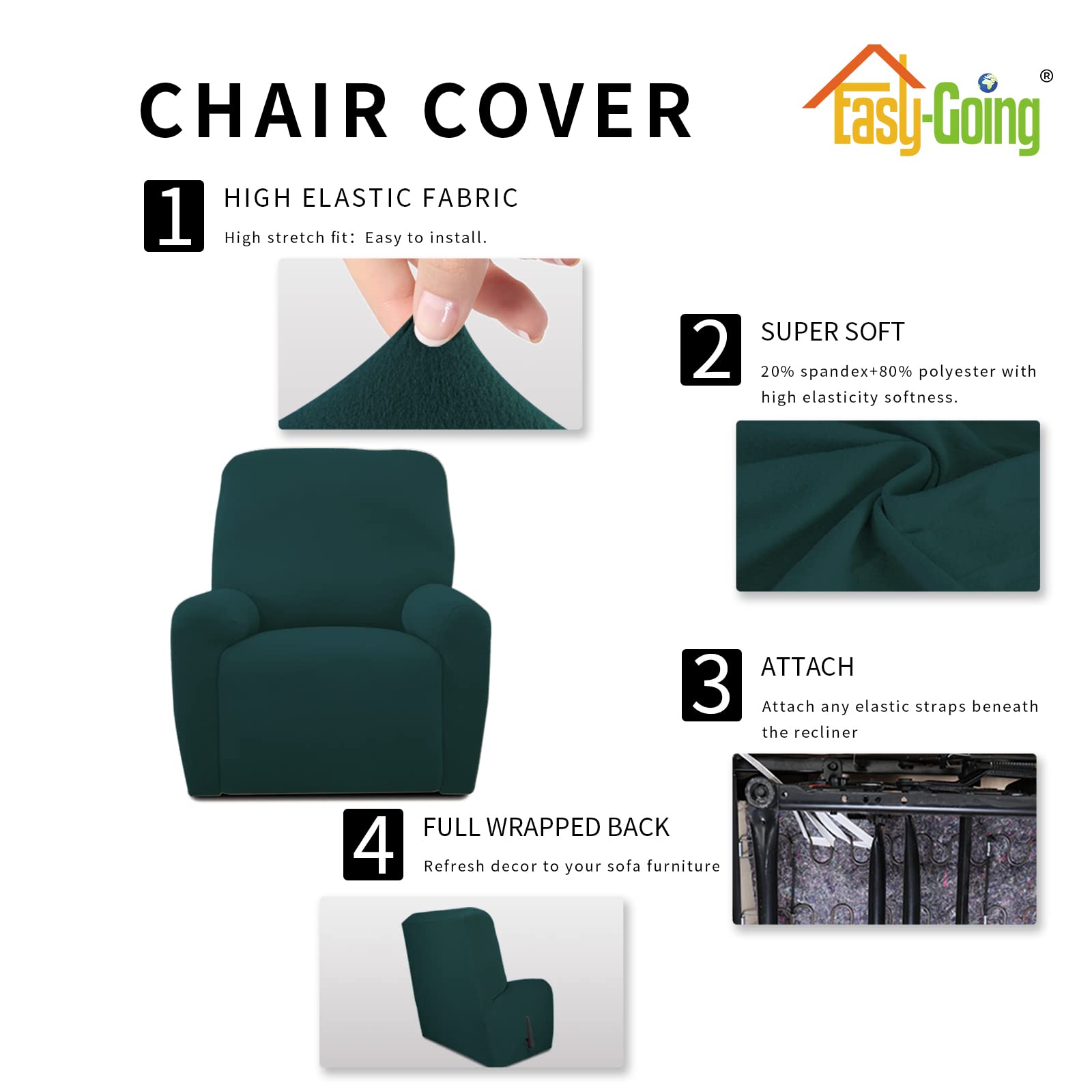 Easy-Going 4 Pieces Microfiber Stretch Recliner Slipcover – Spandex Soft Fitted Sofa Couch Cover, Washable Furniture Protector With Elastic Bottom For Kids, Pet(Recliner, Deep Teal)