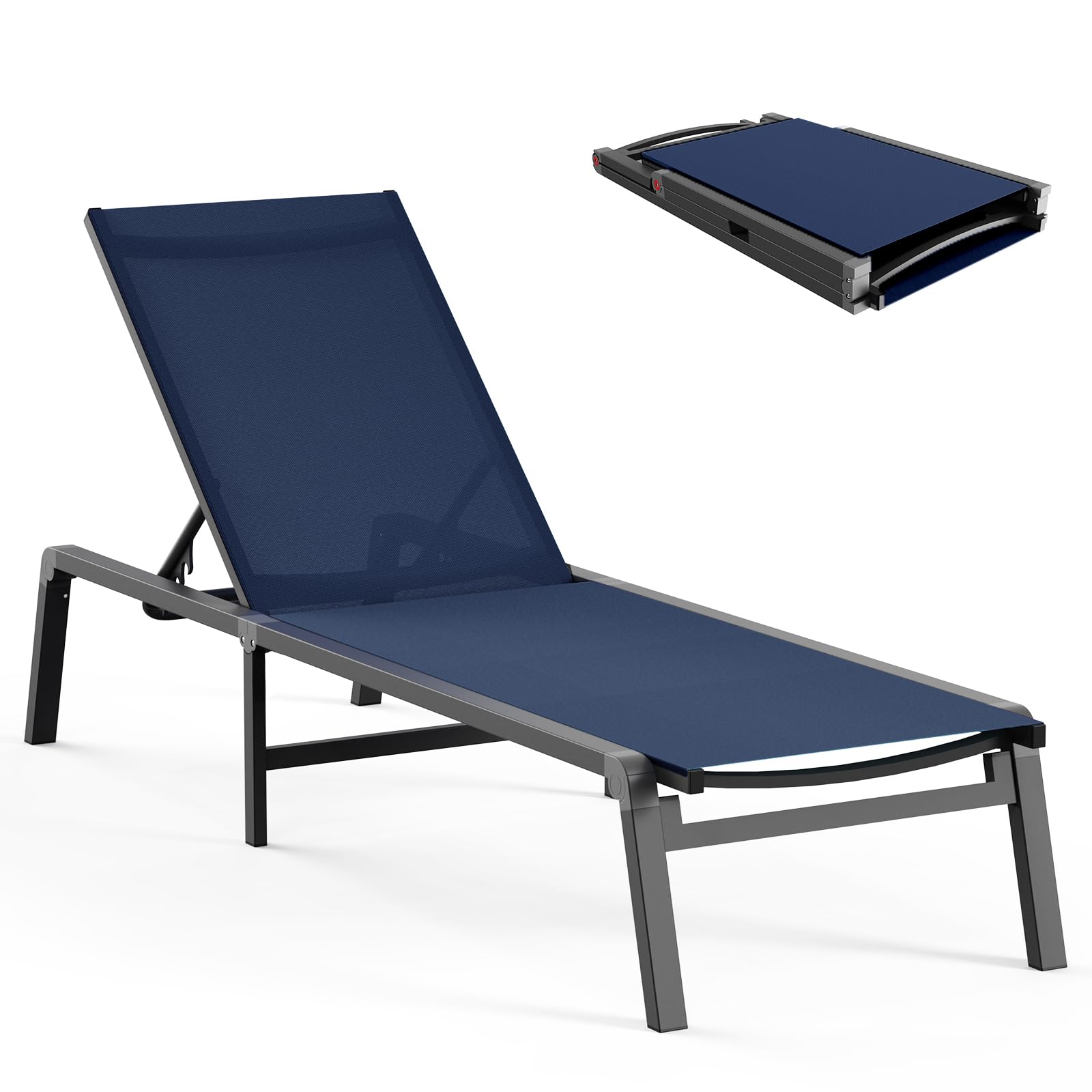 Aluminum Chaise Lounge Ourdoor - Foldable & Assemble Free Outdoor Lounge Chair With 5 Adjustable Backrest, Patio Lounge Chair For Outside Poolside Beach Pool, Navy Blue