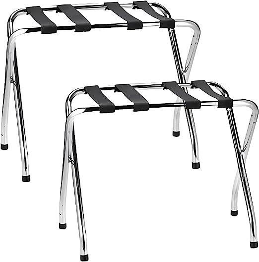 2-Tier Folding Luggage Rack, X-Shaped Steel Frame, Nylon Straps, Rubber Feet, Chrome Finish