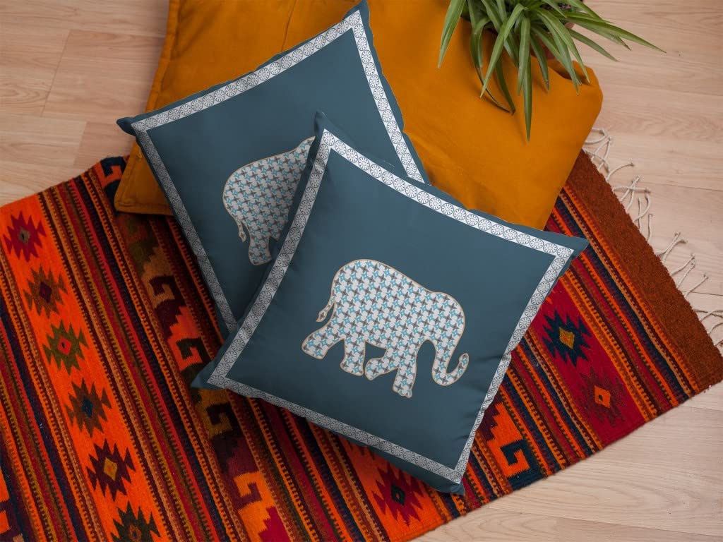 HomeRoots White On Muted Blue 18â€ Spruce Blue Elephant Boho Suede Throw Pillow
