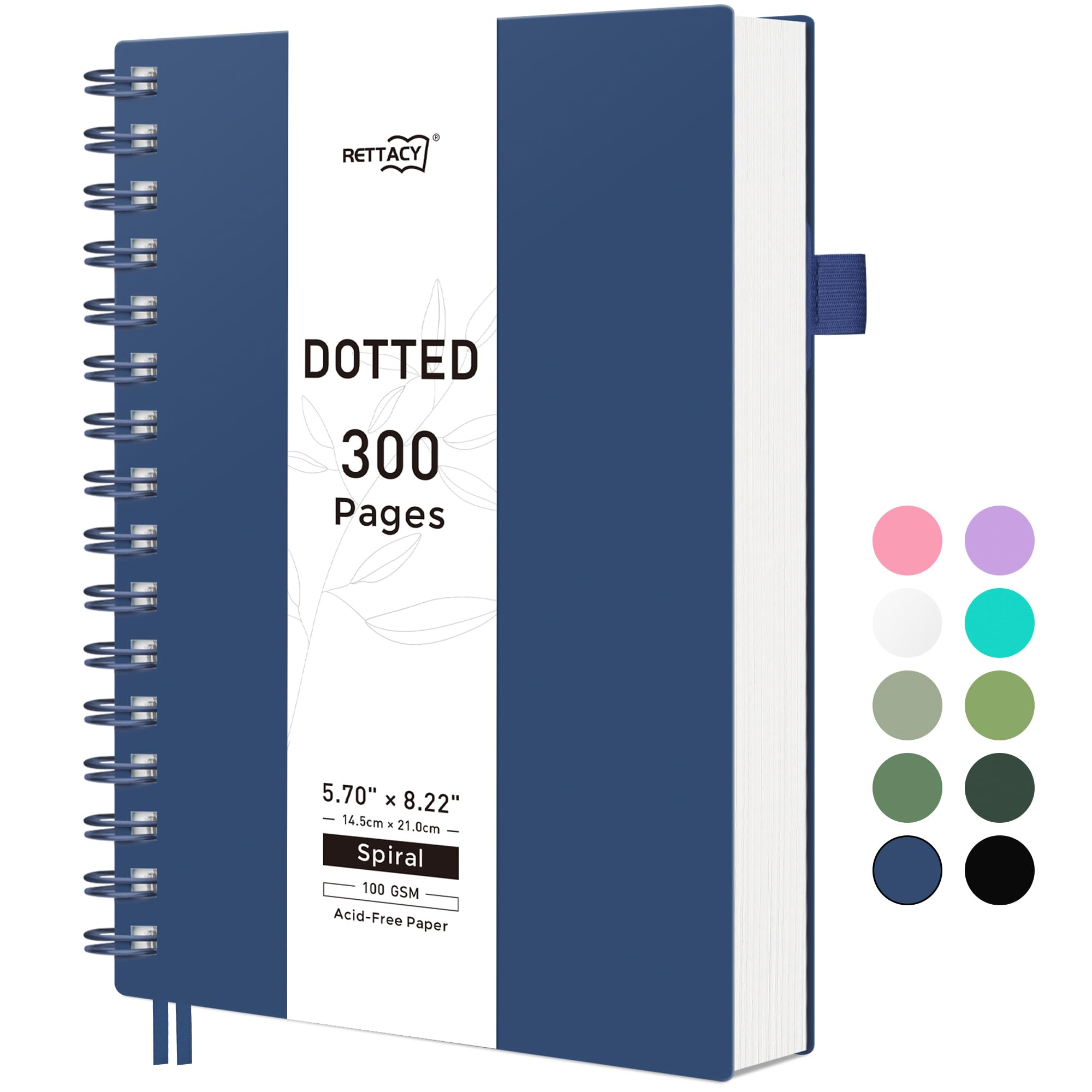 Rettacy Bullet Dotted Journal, A5 Spiral Dotted Notebook With 300 Pages, 5.7'    8.2', Medium Size, 100 Gsm Thick Paper, Flexi