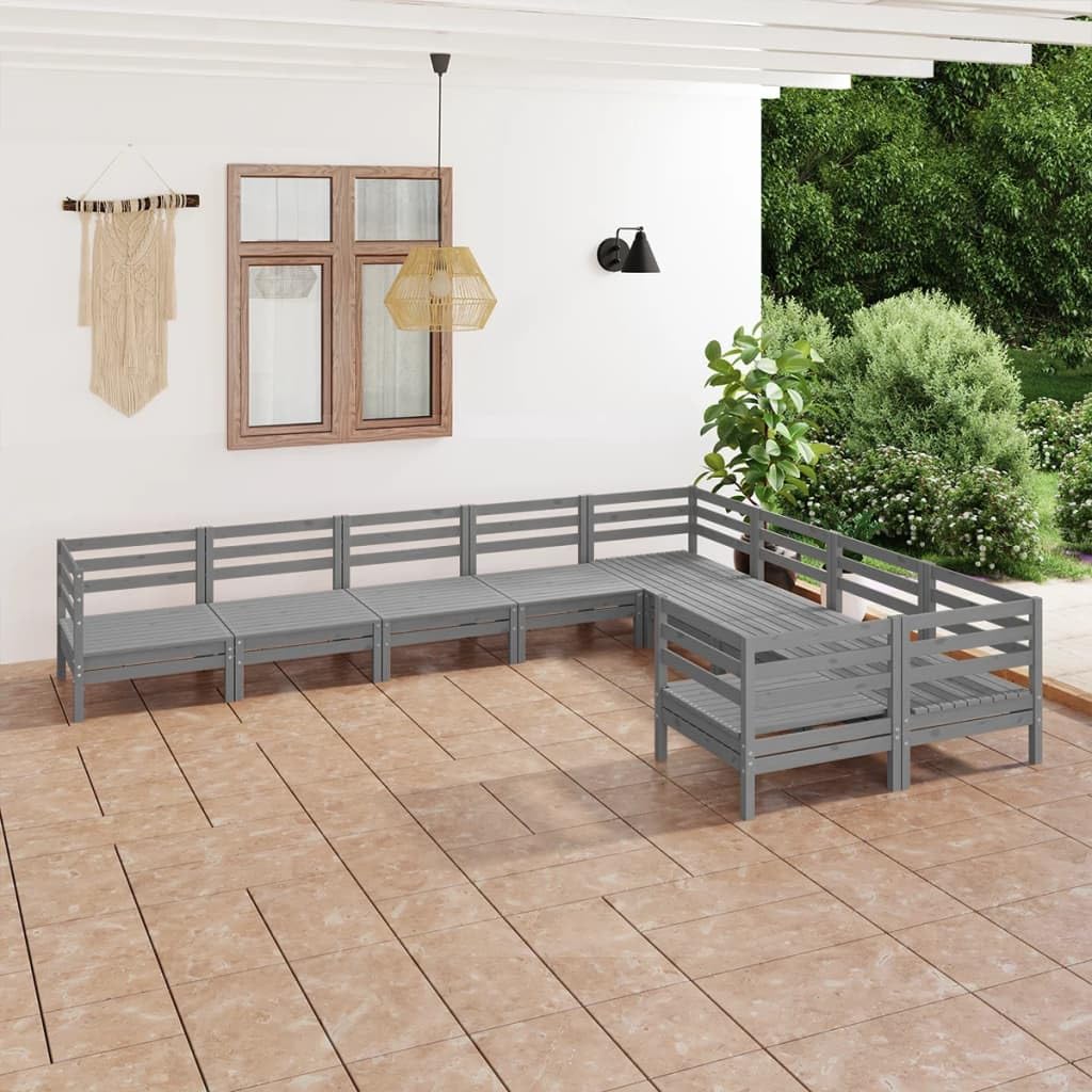 vidaXL Solid Pinewood Patio Lounge Set 9 Piece Garden Outdoor Terrance Backyard Furniture Set Wooden Lounge Sofa Seating Chair Seat Gray