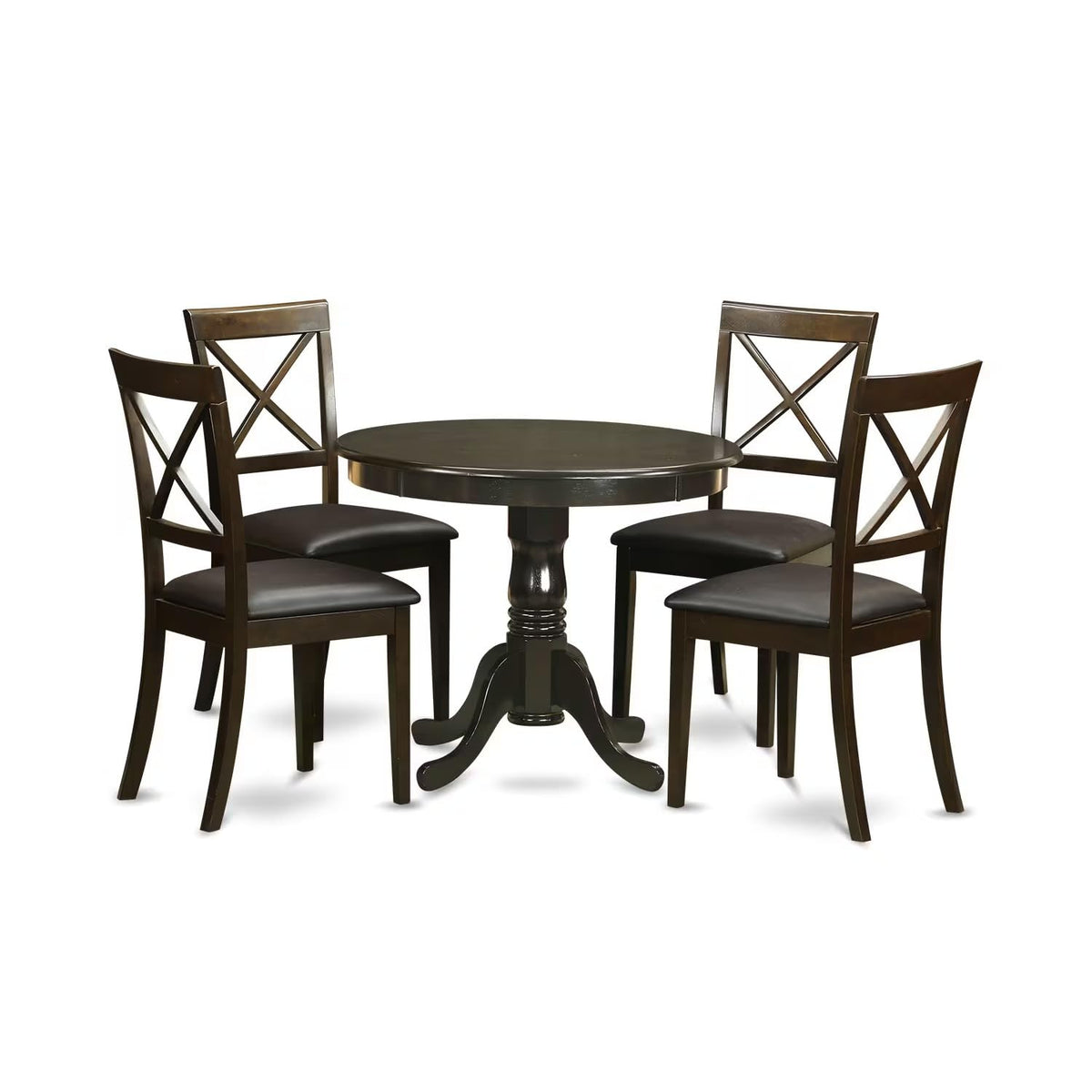 East West Furniture Antique 5 Piece Kitchen Set for 4 Includes a Round Table with Pedestal and 4 Faux Leather Dining Room Chairs, 36x36 Inch, Cappuccino
