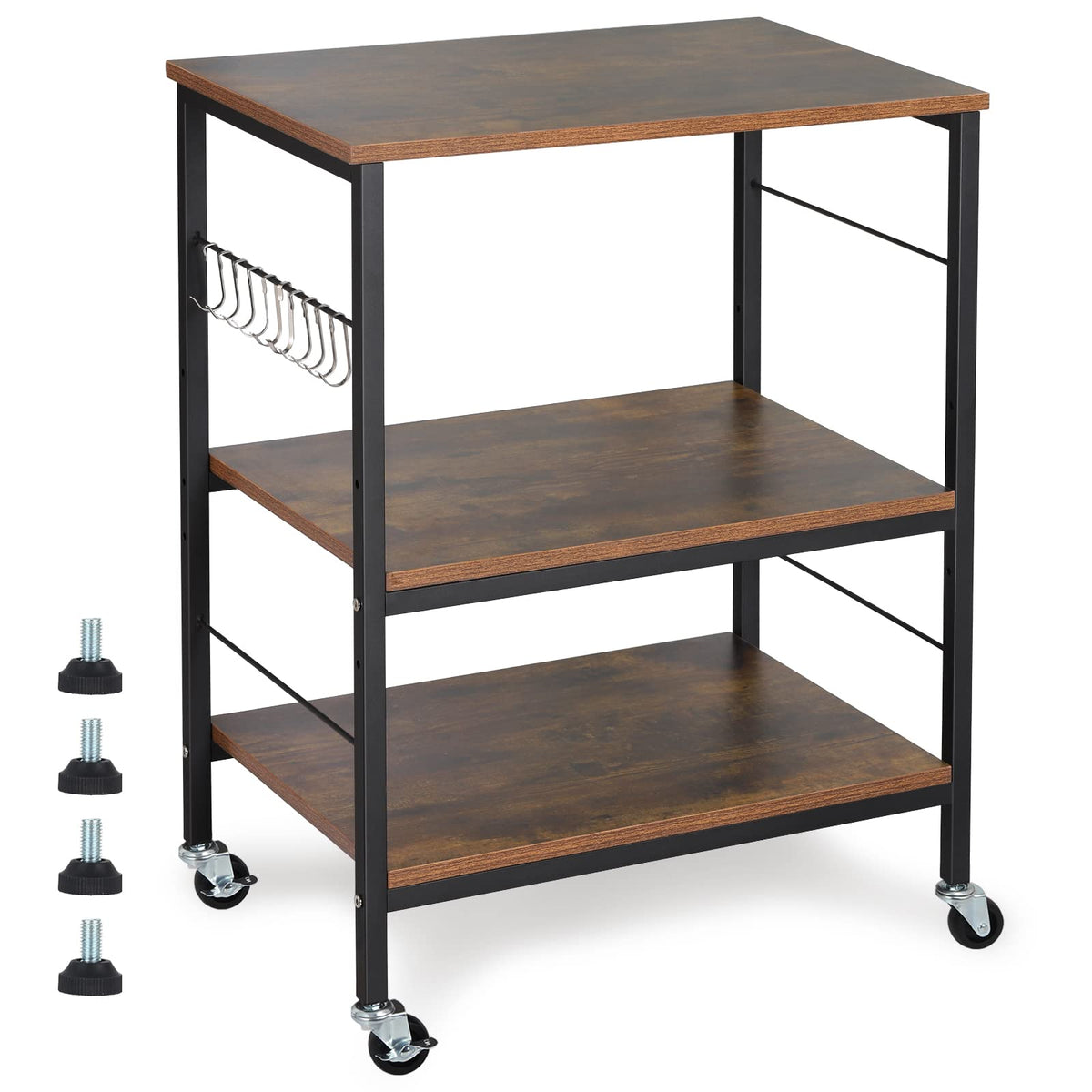 Nightstands, Industrial Microwave Oven Stand Kitchen BakerS Rack End Table 3 Tier Storage Shelf With 10 Hooks For Living Room,
