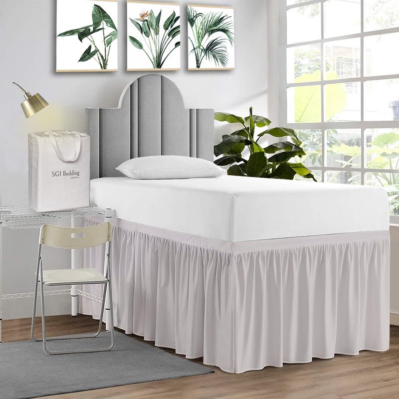 Sgi Bedding Dorm Bed Skirt Twin Xl 40 Inch Drop Length - Light Grey, Ruffled Pattern College Dorm Room Bed Skirts - Split Corner