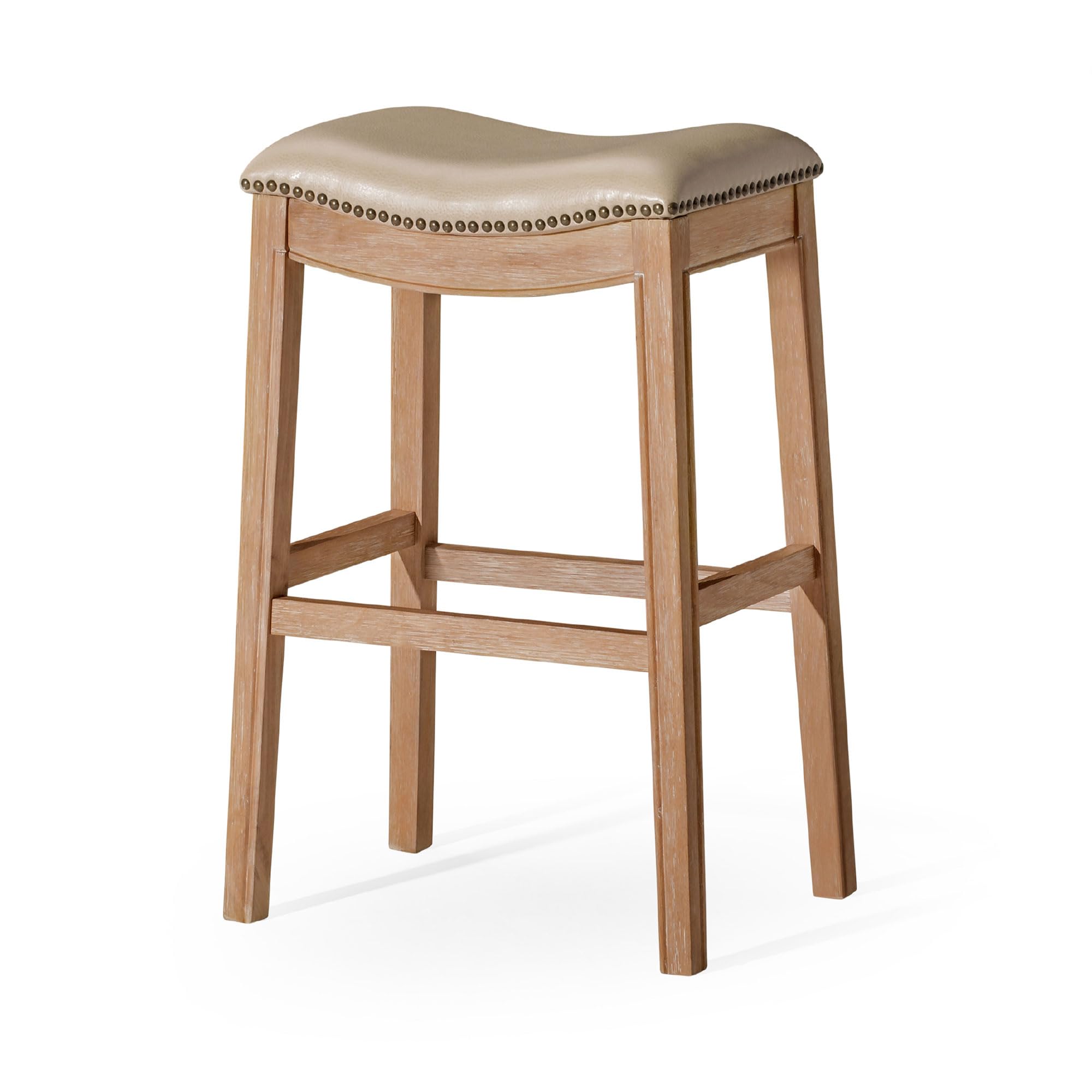 Maven Lane Adrien 31 Inch Bar Height Backless Saddle Barstool in Weathered Oak Finish with Avanti Bone Vegan Leather Cushion Sea