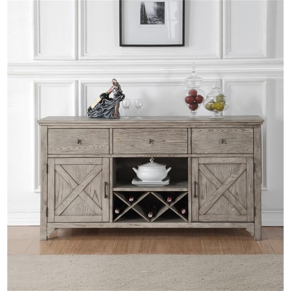 Acme Rocky 3-Drawer Wood Server with Wine Rack in Gray Oak