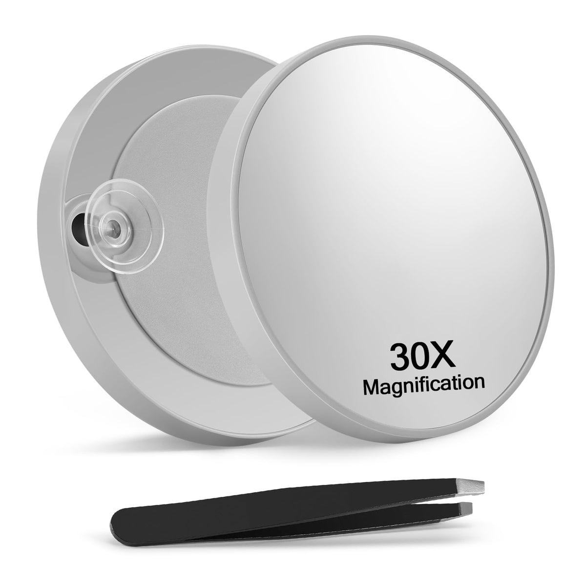 Macaki 30X Magnifying Mirror with 2 Suction Cups, 3.5 inches Magnified Makeup Mirror and Slant Tweezers,Grey,1PC