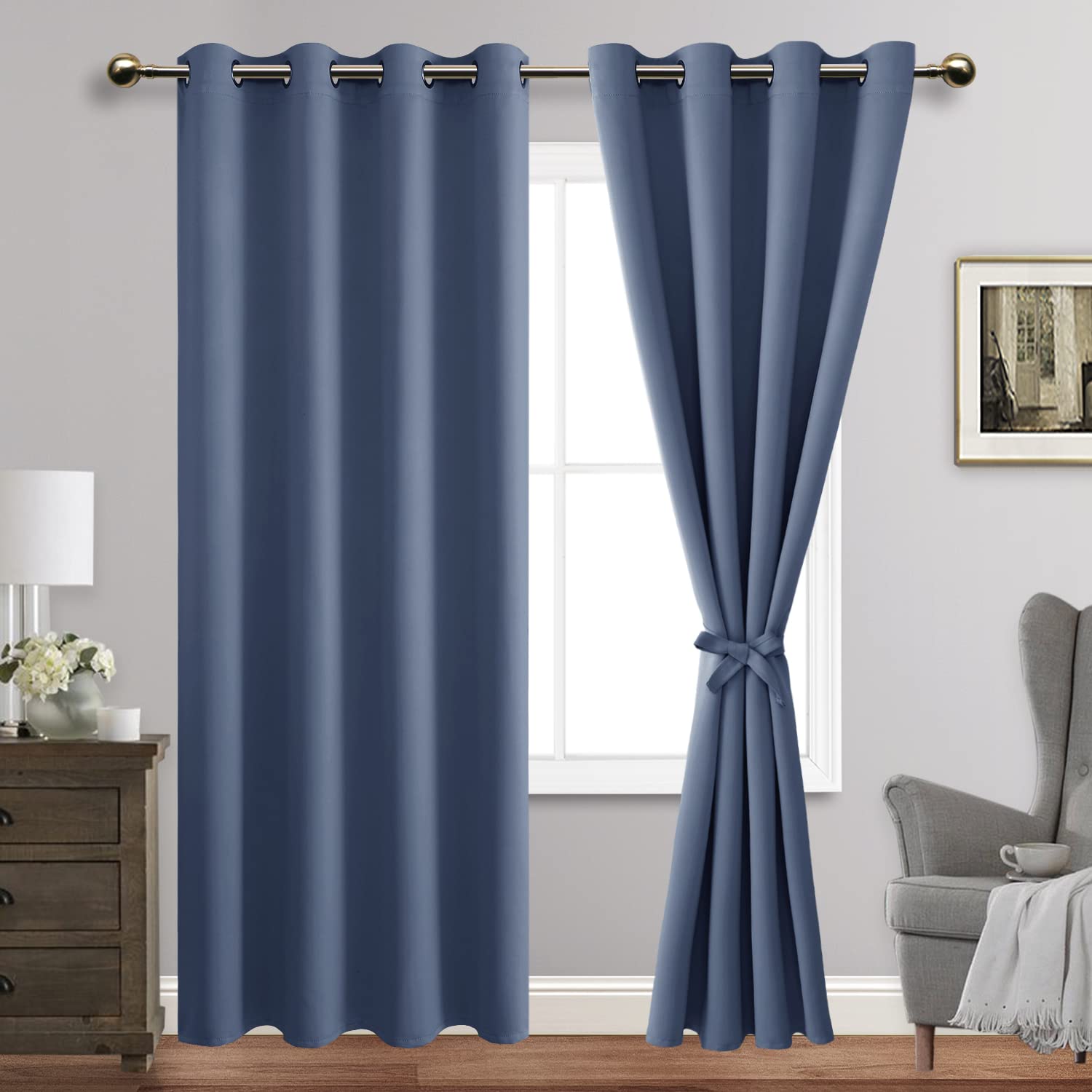 Jiuzhen Dusty Blue Blackout Curtains With Tiebacks Thermal Insulated,Light Blocking And Noise Reducing Grommet Curtains For Bedroom And Living Room, Set Of 2 Window Curtain Panels, 70 X 84 Inch Length