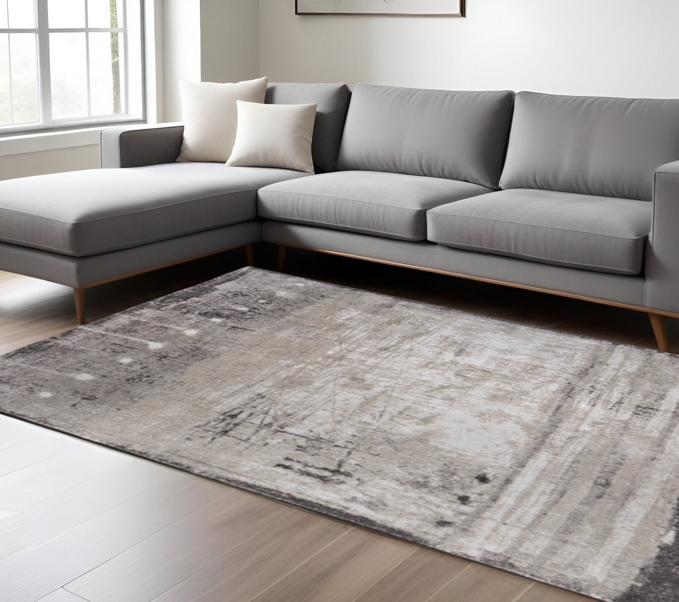 7' X 10' Gray Ivory And Taupe Abstract Distressed Area Rug