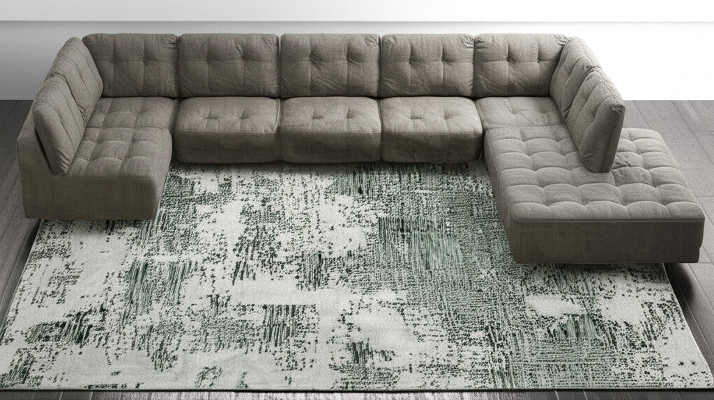 8' X 10' Green And White Abstract Hand Tufted Area Rug