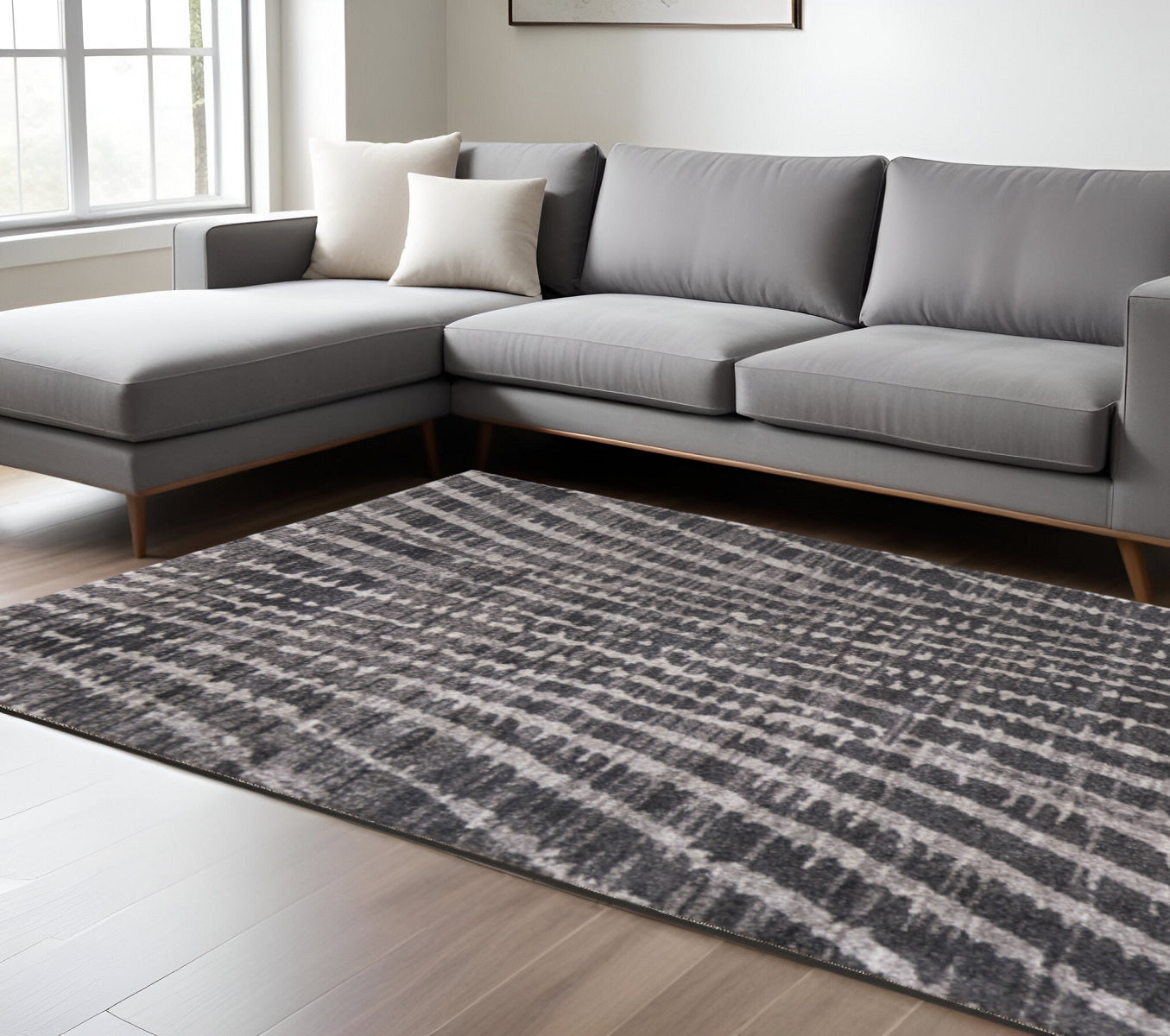 8' X 10' Black Gray And Ivory Abstract Area Rug