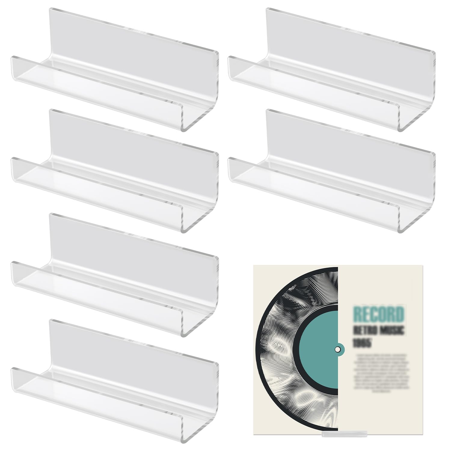 6pcs Vinyl Record Wall Mount, Acrylic Album Display Holder Stand Racks With No Drill Adhesive Tape for Covers (Clear)