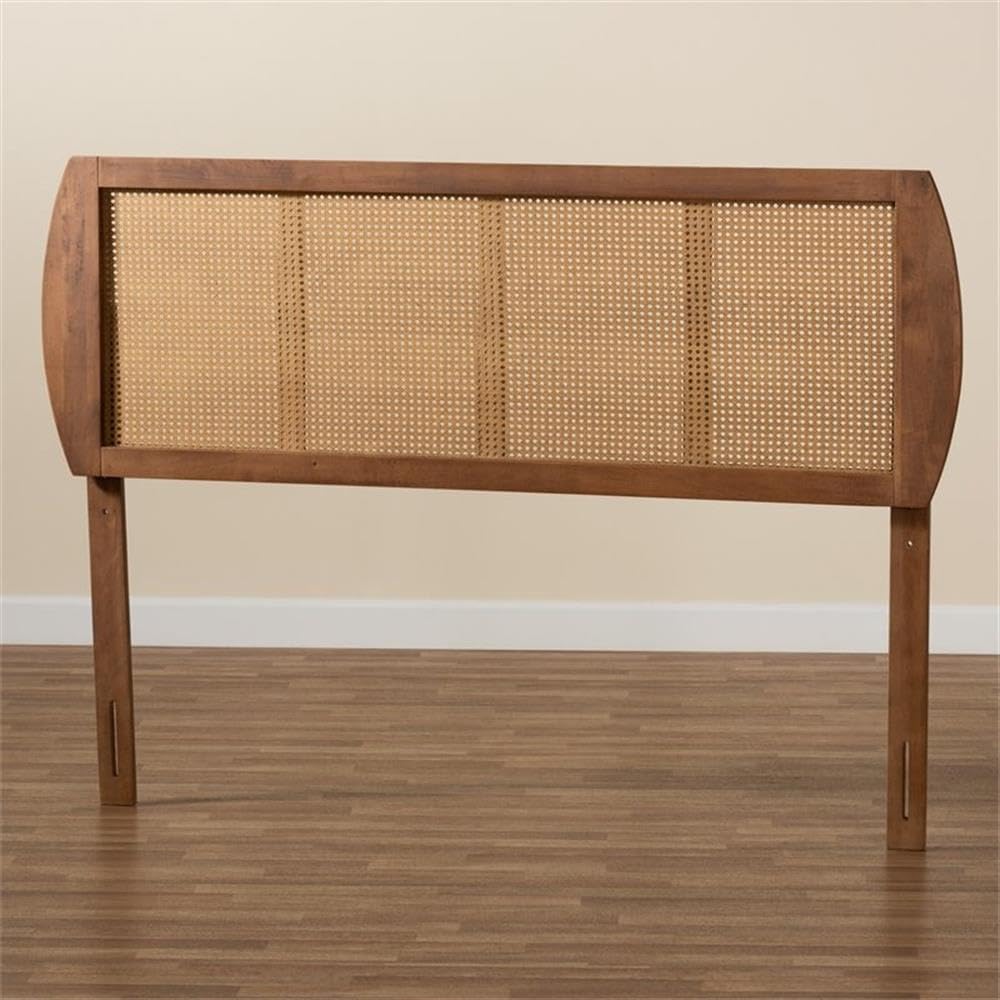 Baxton Studio Harris Mid-Century Modern Ash Walnut Finished Wood and Synthetic Rattan King Size Headboard