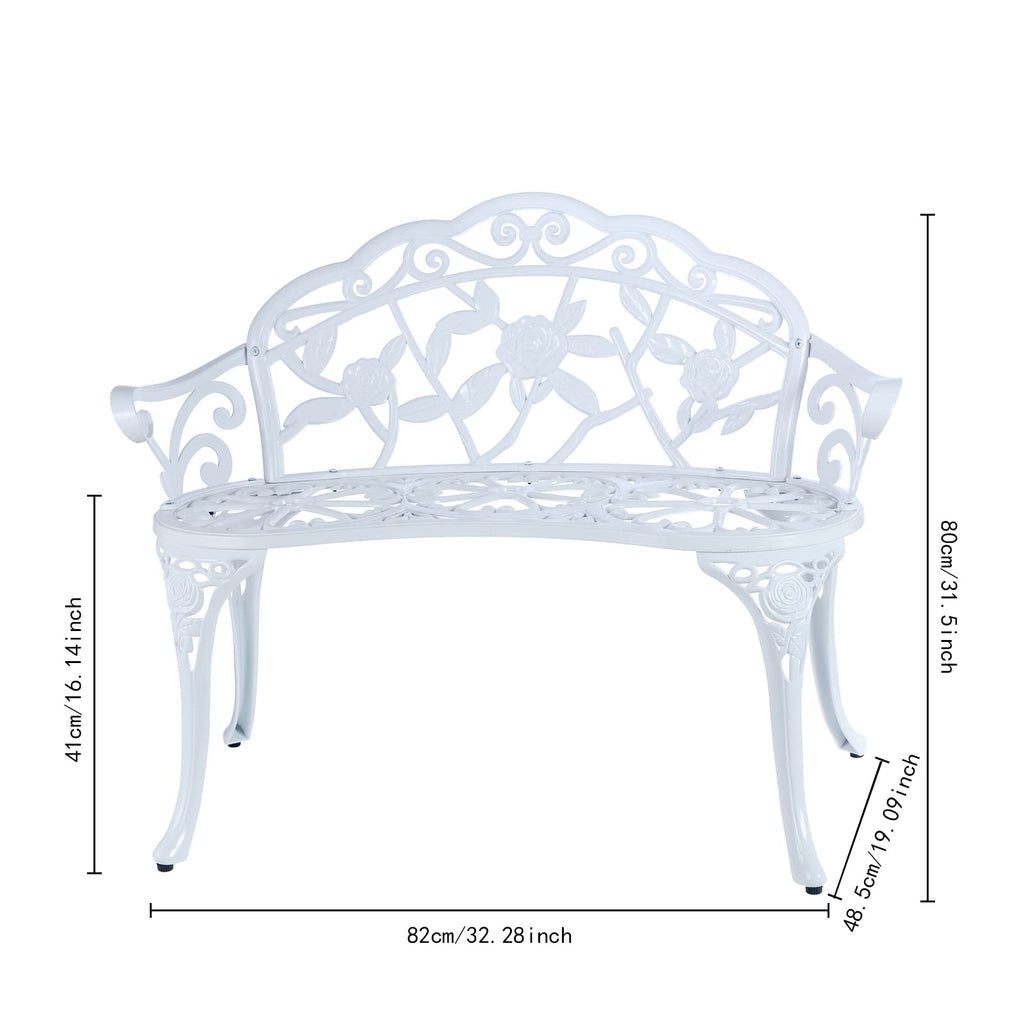 Jardin De Centennial Patio Garden Bench Metal Park Bench Cast Aluminum Outdoor Furniture With Floral Rose For Patio,Park,Lawn,Yard (White)