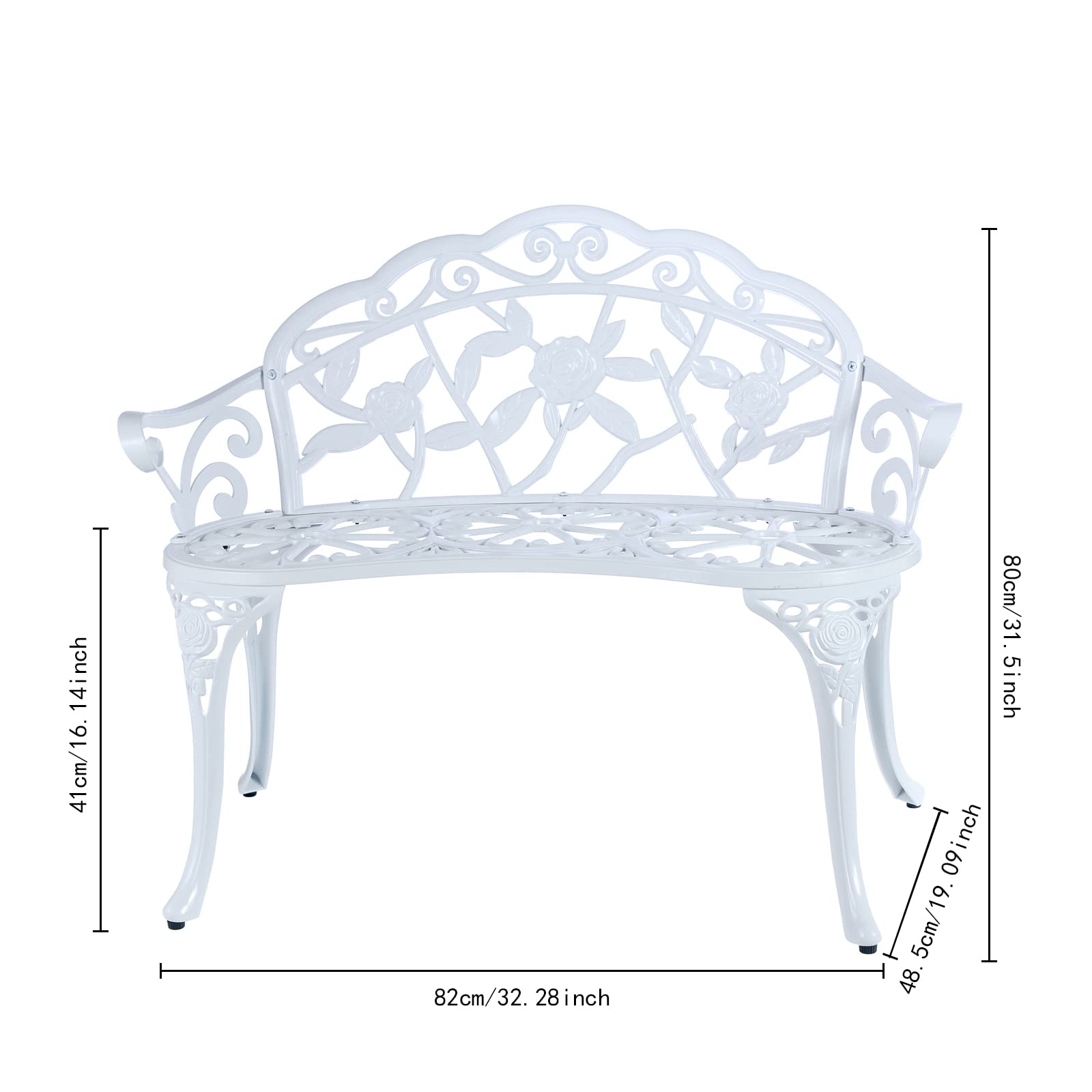 Jardin De Centennial Patio Garden Bench Metal Park Bench Cast Aluminum Outdoor Furniture With Floral Rose For Patio,Park,Lawn,Yard (White)