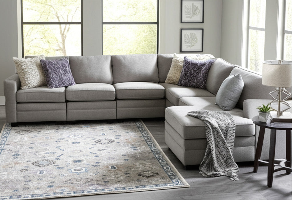 12' X 15' Gray Blue And Taupe Floral Distressed Area Rug