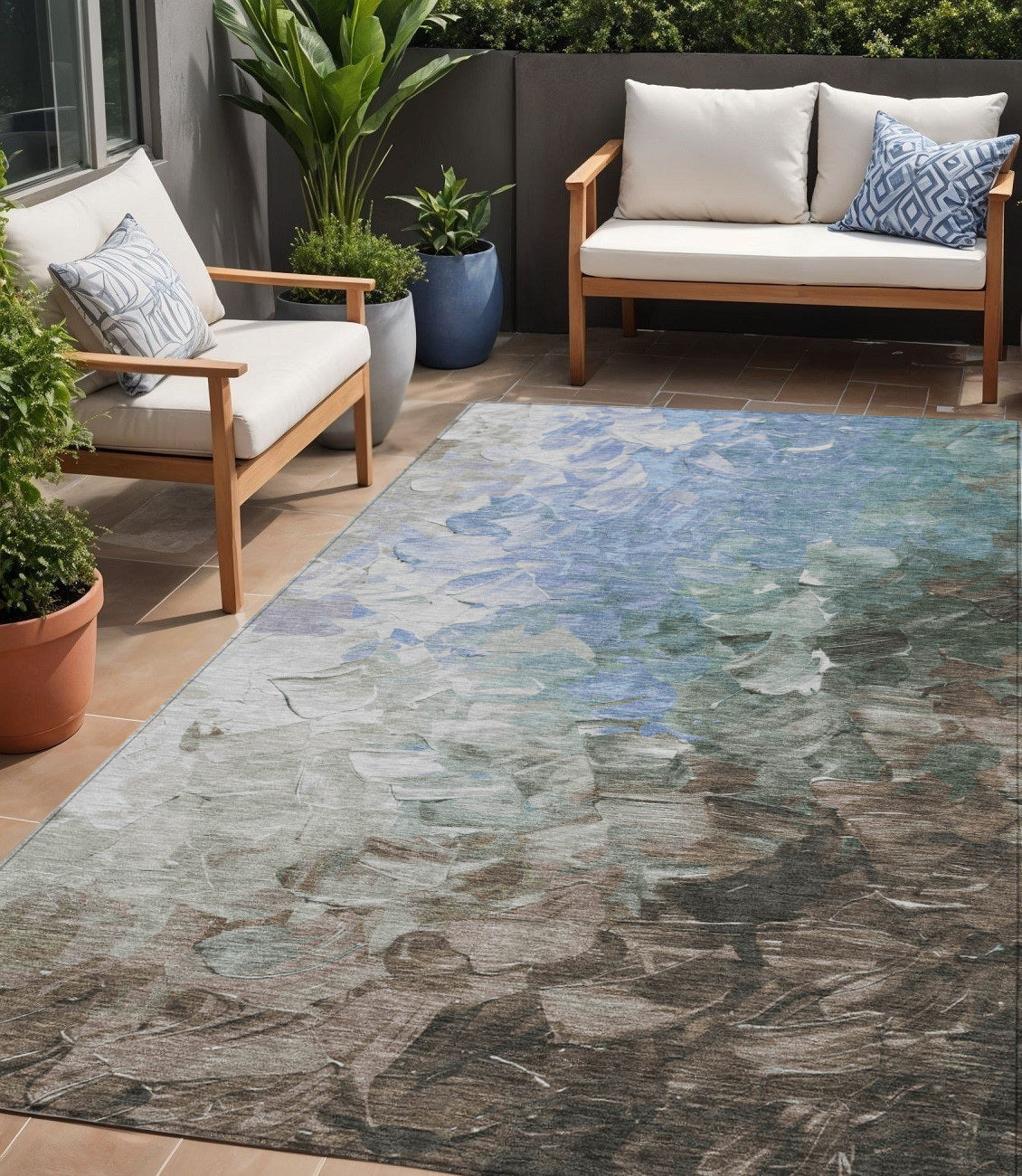 5 X 8 Denim Blue Taupe And Ivory Abstract Washable Indoor Outdoor Area Rug