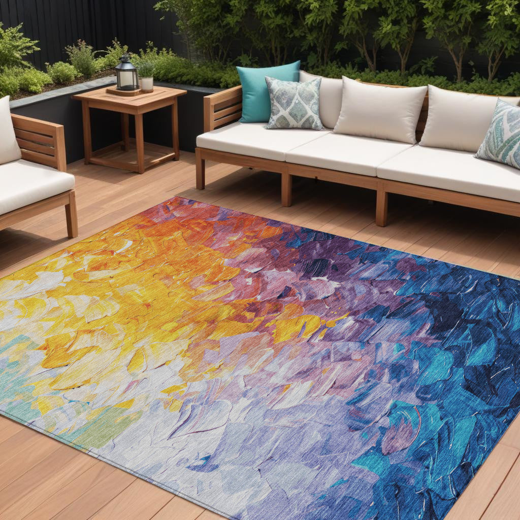 9 X 12 Gold Yellow And Teal Blue Abstract Washable Indoor Outdoor Area Rug