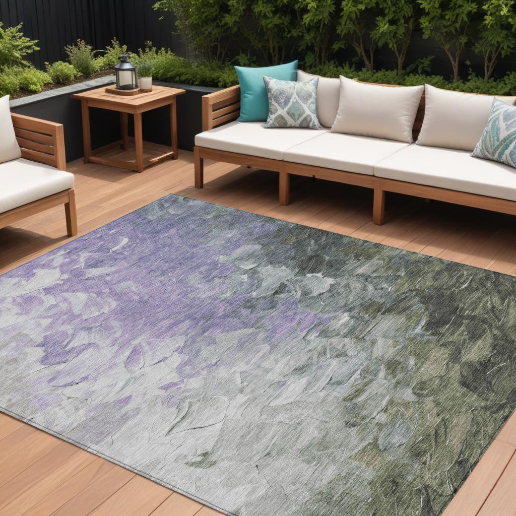 8 X 10 Lavender Olive Green And Silver Abstract Washable Indoor Outdoor Area Rug