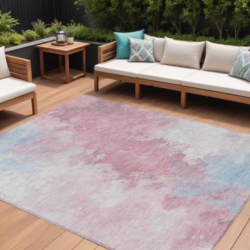 10 X 14 Blush Ivory And Blue Abstract Washable Indoor Outdoor Area Rug