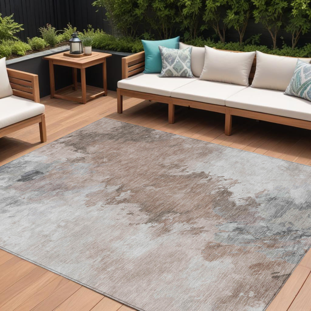 8 X 10 Brown Ivory And Gray Abstract Washable Indoor Outdoor Area Rug