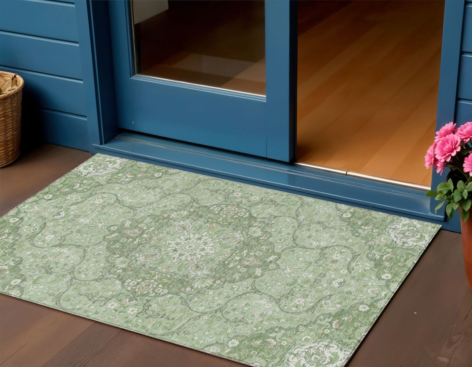3 X 5 Artichoke Green And Ivory Medallion Washable Indoor Outdoor Area Rug