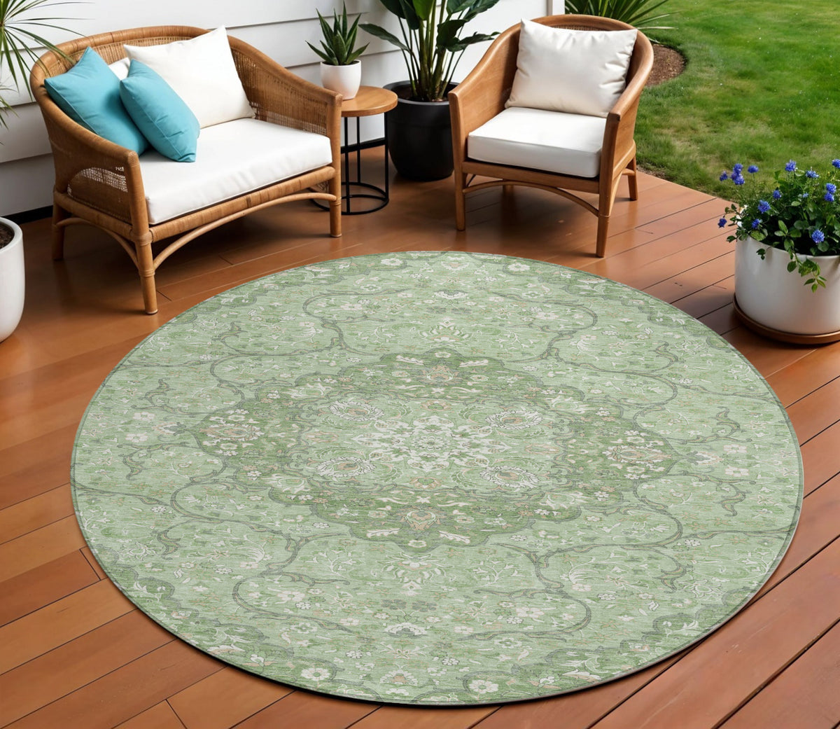 8 Artichoke Green And Ivory Round Medallion Washable Indoor Outdoor Area Rug