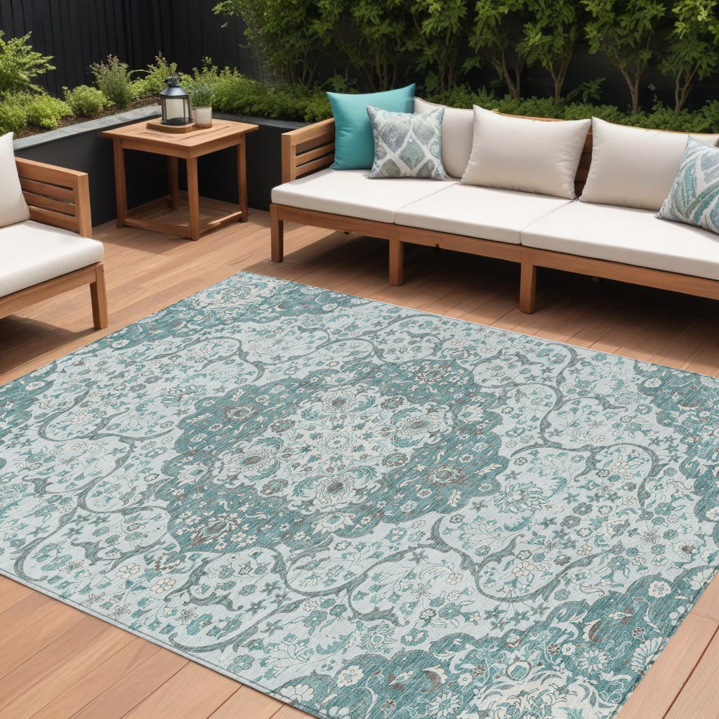 9 X 12 Teal Blue And Ivory Medallion Washable Indoor Outdoor Area Rug