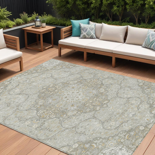 10 X 14 Taupe And Ivory Medallion Washable Indoor Outdoor Area Rug