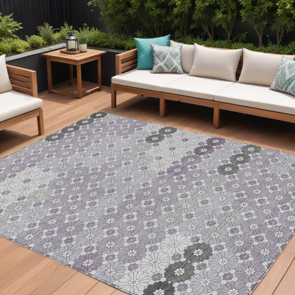 9 X 12 Lavender Gray And Ivory Floral Washable Indoor Outdoor Area Rug