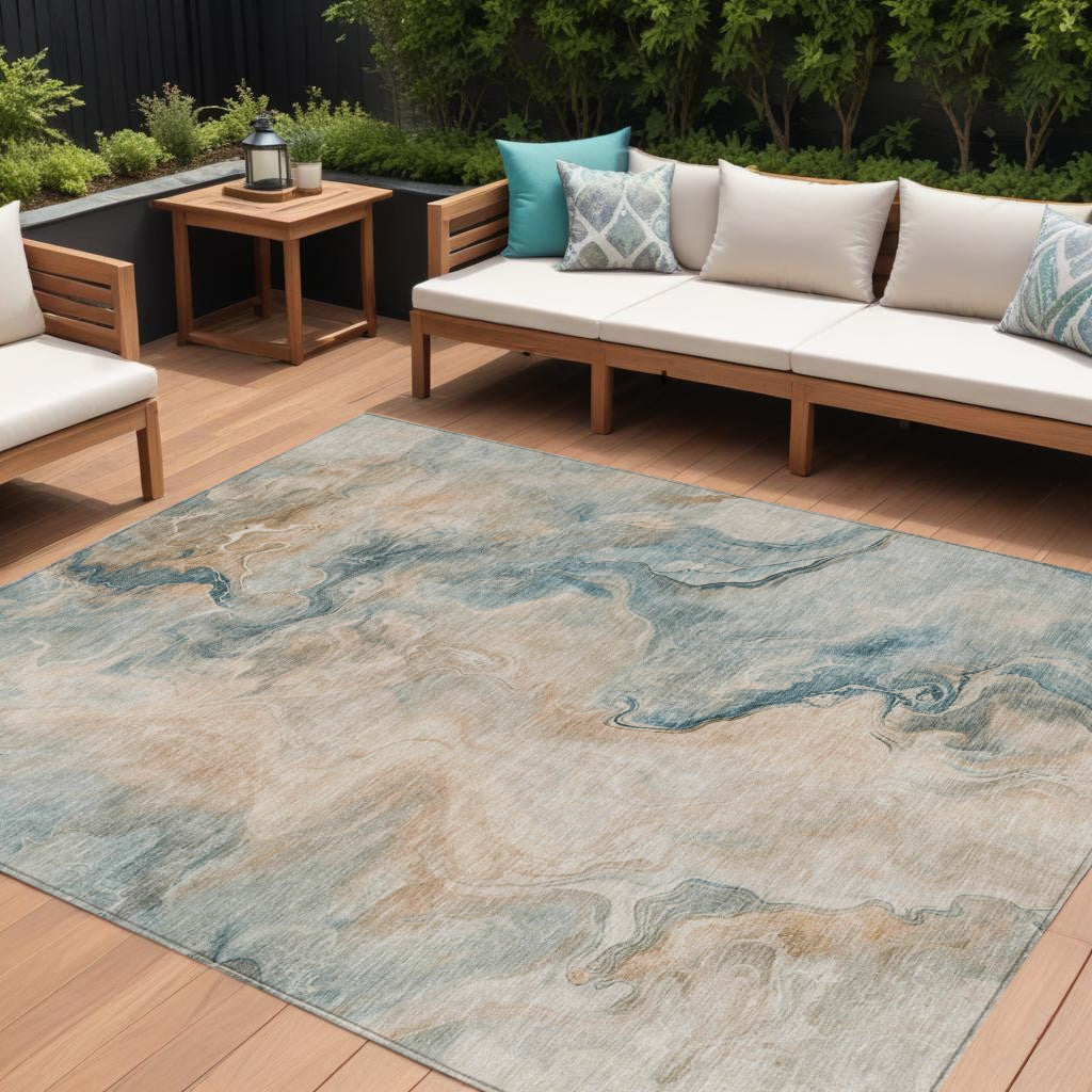 8 X 10 Teal Blue Coral And Ivory Abstract Washable Indoor Outdoor Area Rug