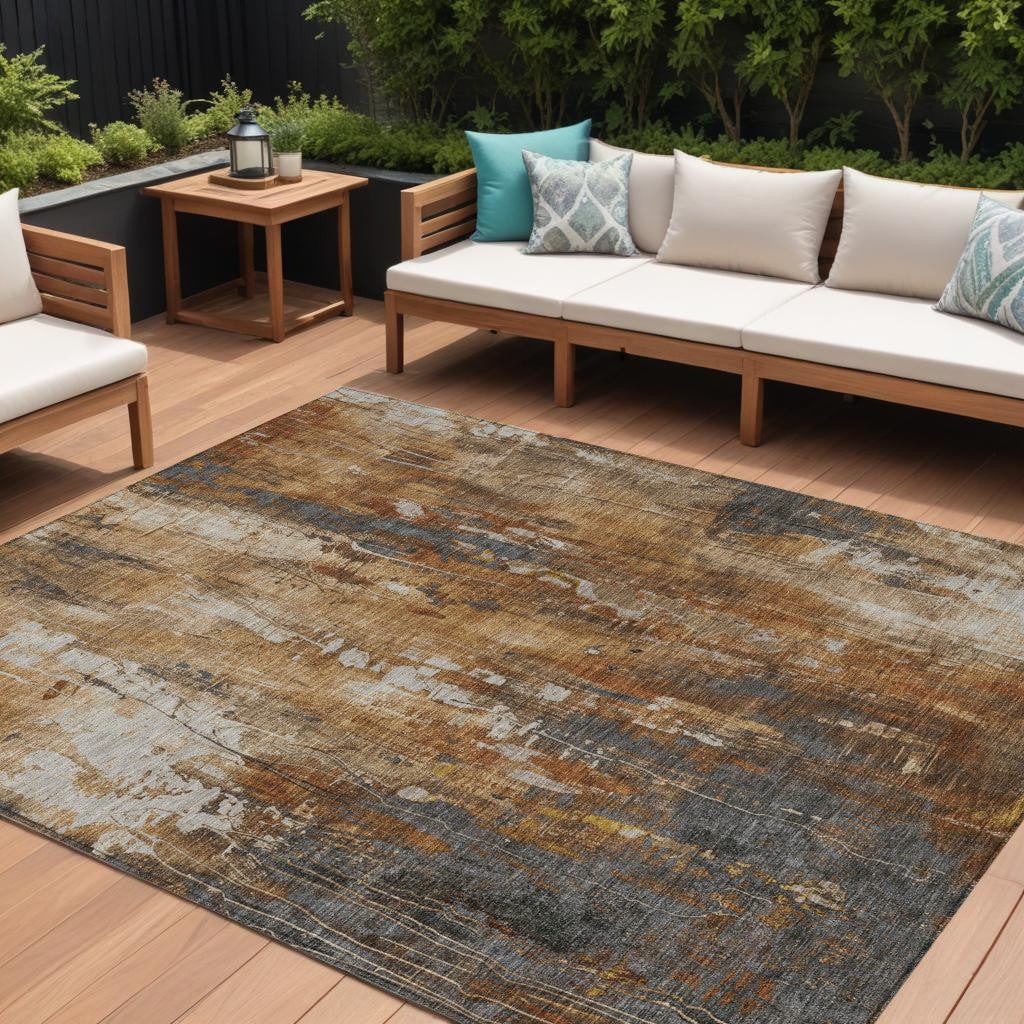 10 X 14 Rust Gray And Ivory Abstract Washable Indoor Outdoor Area Rug