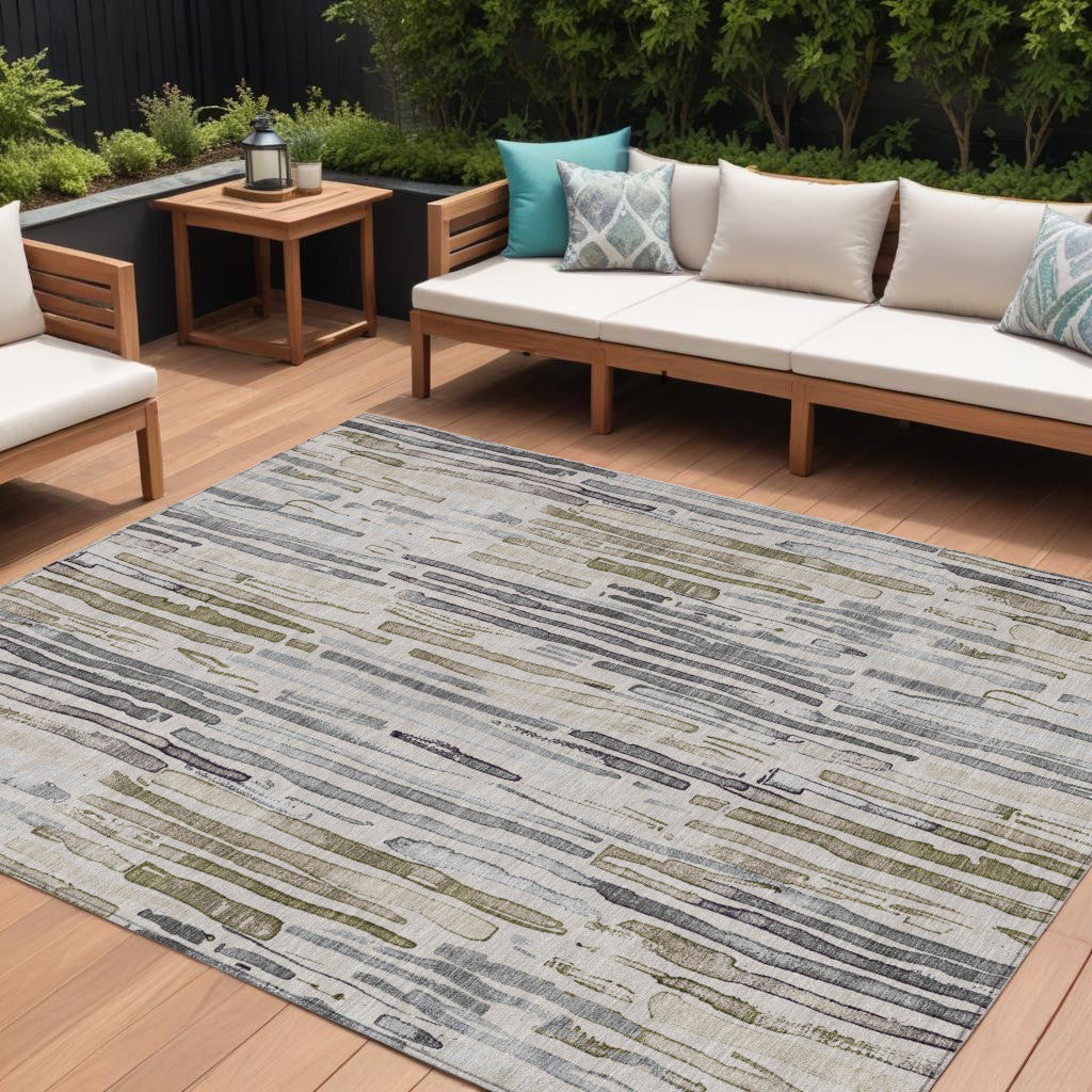 9 X 12 Beige And Gray Striped Washable Indoor Outdoor Area Rug