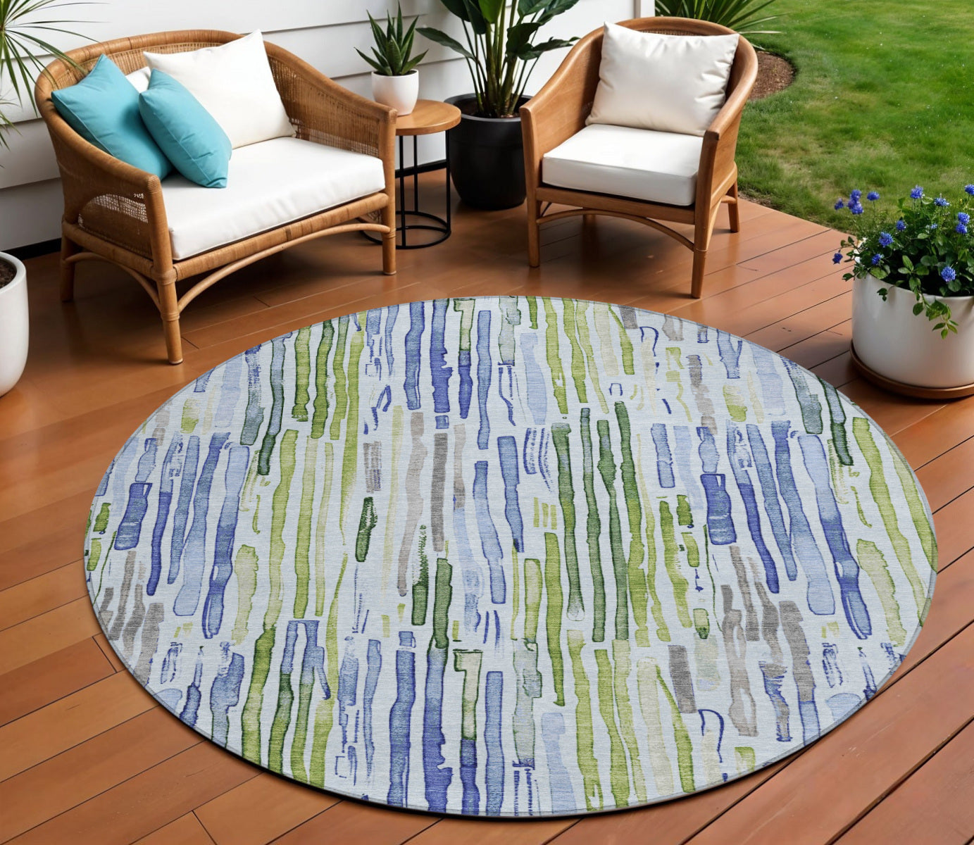 8 Sky Blue And Fern Green Round Striped Washable Indoor Outdoor Area Rug