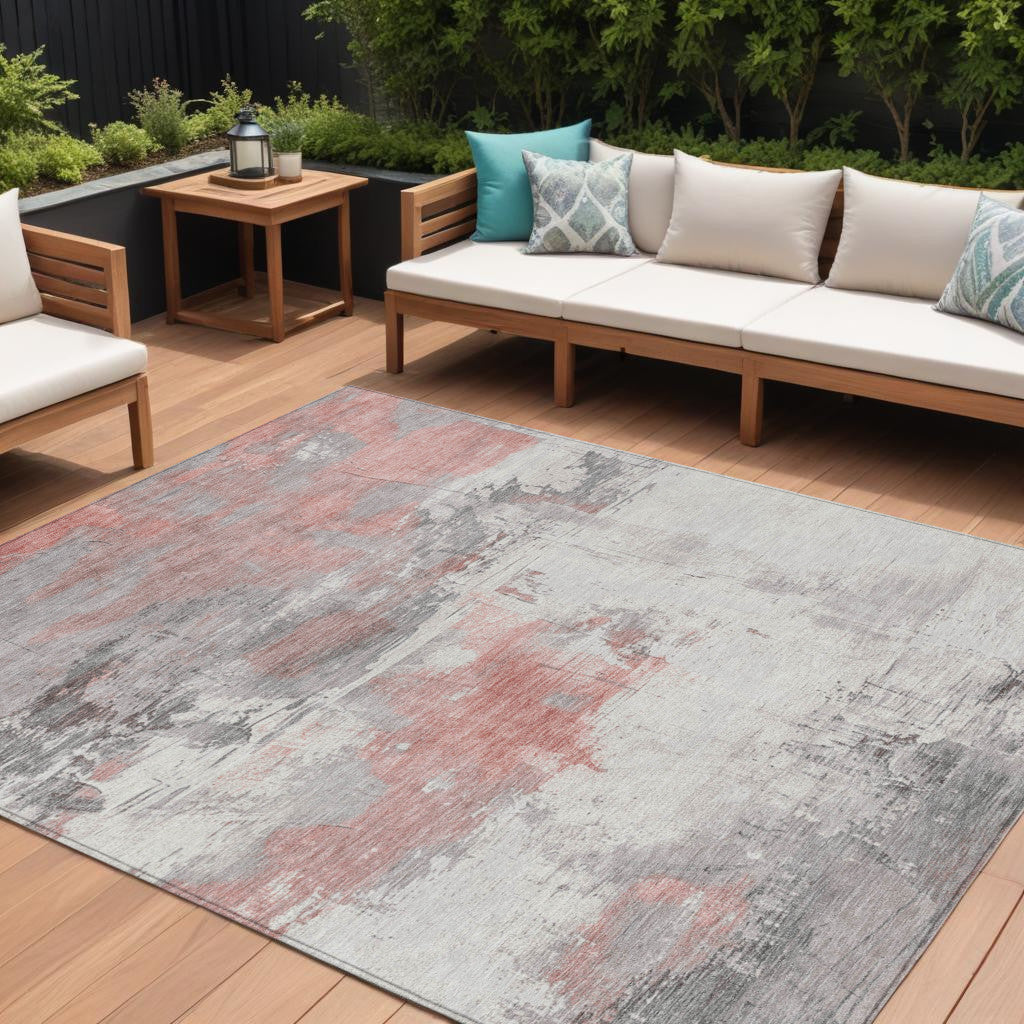 9 X 12 Coral And Gray Abstract Washable Indoor Outdoor Area Rug