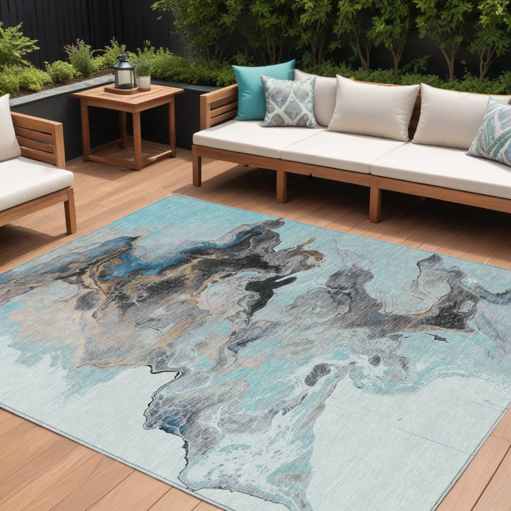 10' X 14' Teal Blue Gold And Gray Abstract Washable Indoor Outdoor Area Rug