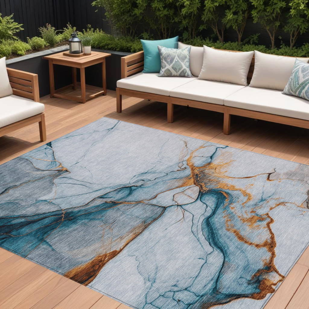 8' X 10' Sky Blue And Copper Abstract Washable Indoor Outdoor Area Rug