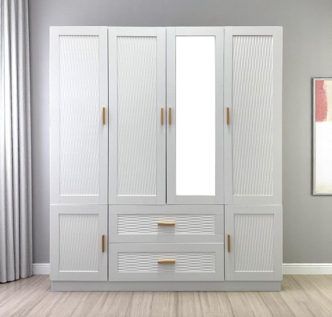 75 White Ribbed Texture Wood Mirrored Six Door Two Drawer Combo Dresser