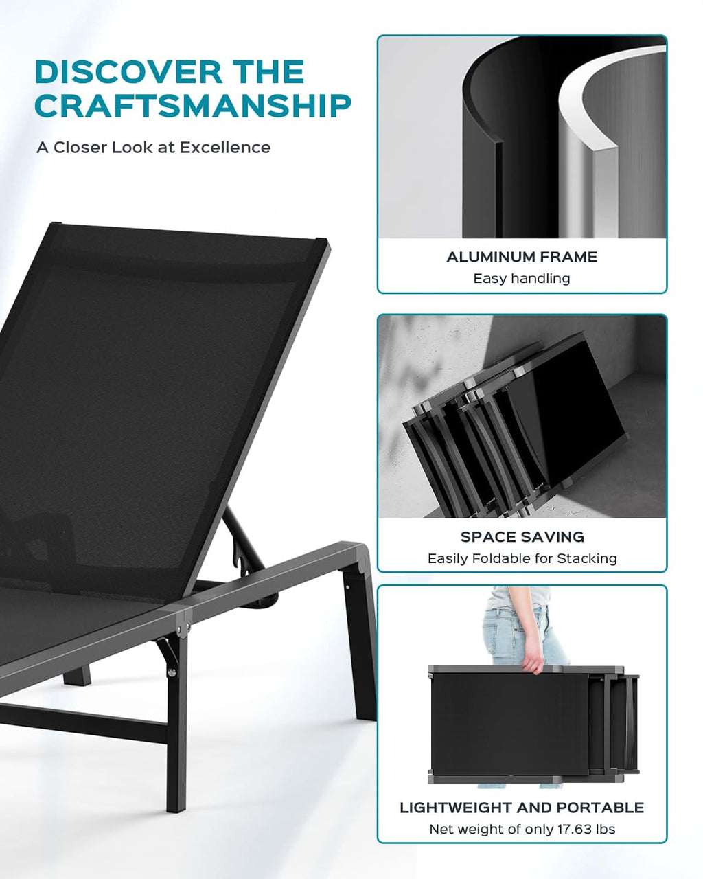 Aluminum Chaise Lounge Ourdoor - Foldable & Assemble Free Outdoor Lounge Chair With 5 Adjustable Backrest, Patio Lounge Chair For Outside Poolside Beach Pool, Black
