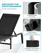 Aluminum Chaise Lounge Ourdoor - Foldable & Assemble Free Outdoor Lounge Chair With 5 Adjustable Backrest, Patio Lounge Chair For Outside Poolside Beach Pool, Black