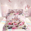 Girls Castle Comforter Set Dreamy Princess Castle Bedding Set Pink Rose Flowers Bedding Home Decor Butterfly Floral Comforter Qu