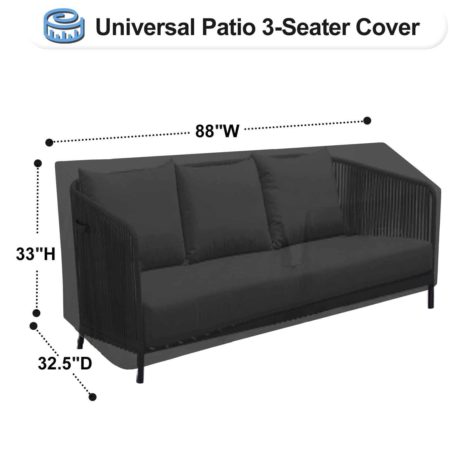 Outdoorlines Outdoor Waterproof Patio 3-Seater Couch Cover - Uv Resistant Patio Sofa Furniture Covers Weatherproof Heavy Duty Glider Covers For Outdoor Furniture, 88Wx32.5Dx33H Inches, Black
