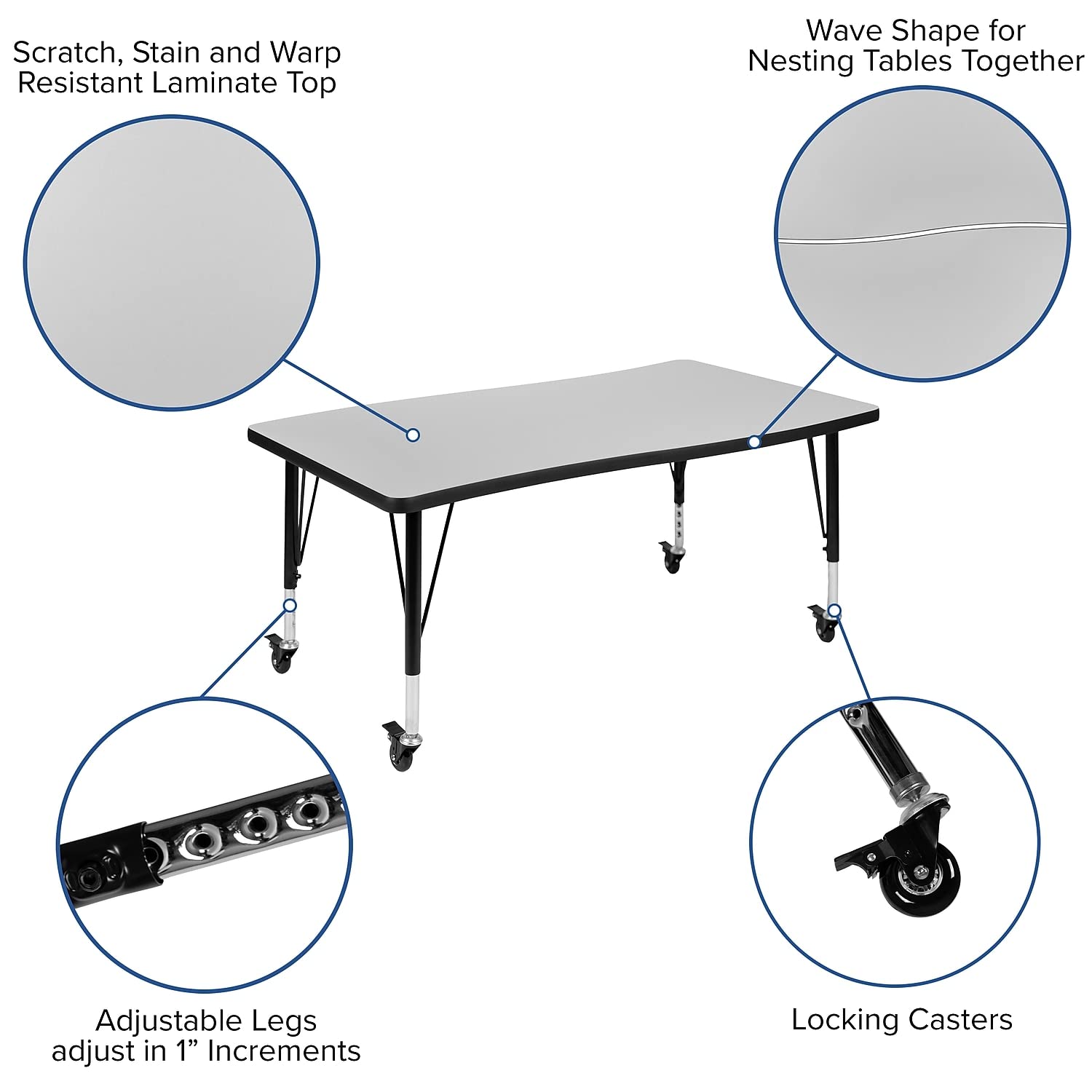Flash Furniture Mobile 76" Oval Wave Collaborative Laminate Activity Table Set With 14" Student Stack Chairs, Grey/Black